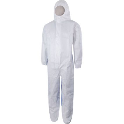 Disposable Hooded Coveralls, Type 5/6, White/Blue, Large, 44-46" Chest