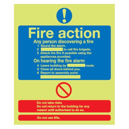 Fire Action Standard Procedure Photoluminescent Rigid PVC Sign 250mm x 300mm