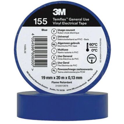 Temflex 155 Electrical Tape, Vinyl, Blue, 19mm x 20m, Pack of 1